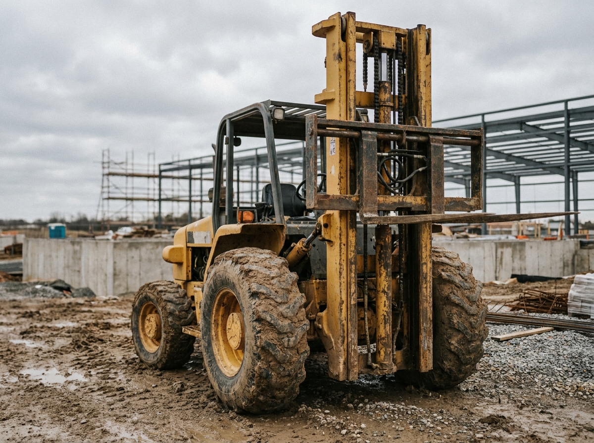 Chariot élévateur jaune robuste sur chantier de construction boueux avec pneus tout-terrain et mât renforcé