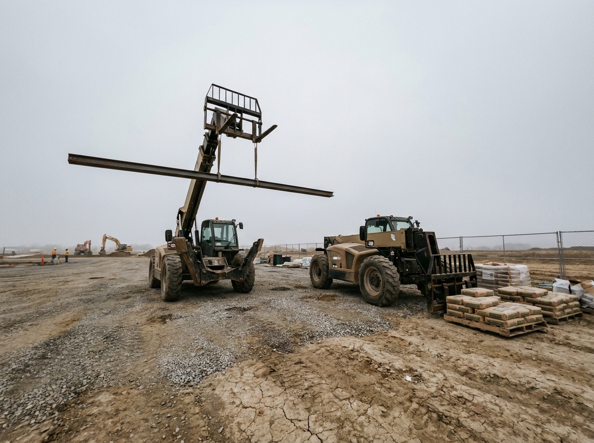 Deux chariots élévateurs télescopiques BTP côte à côte sur grand chantier avec matériaux de construction