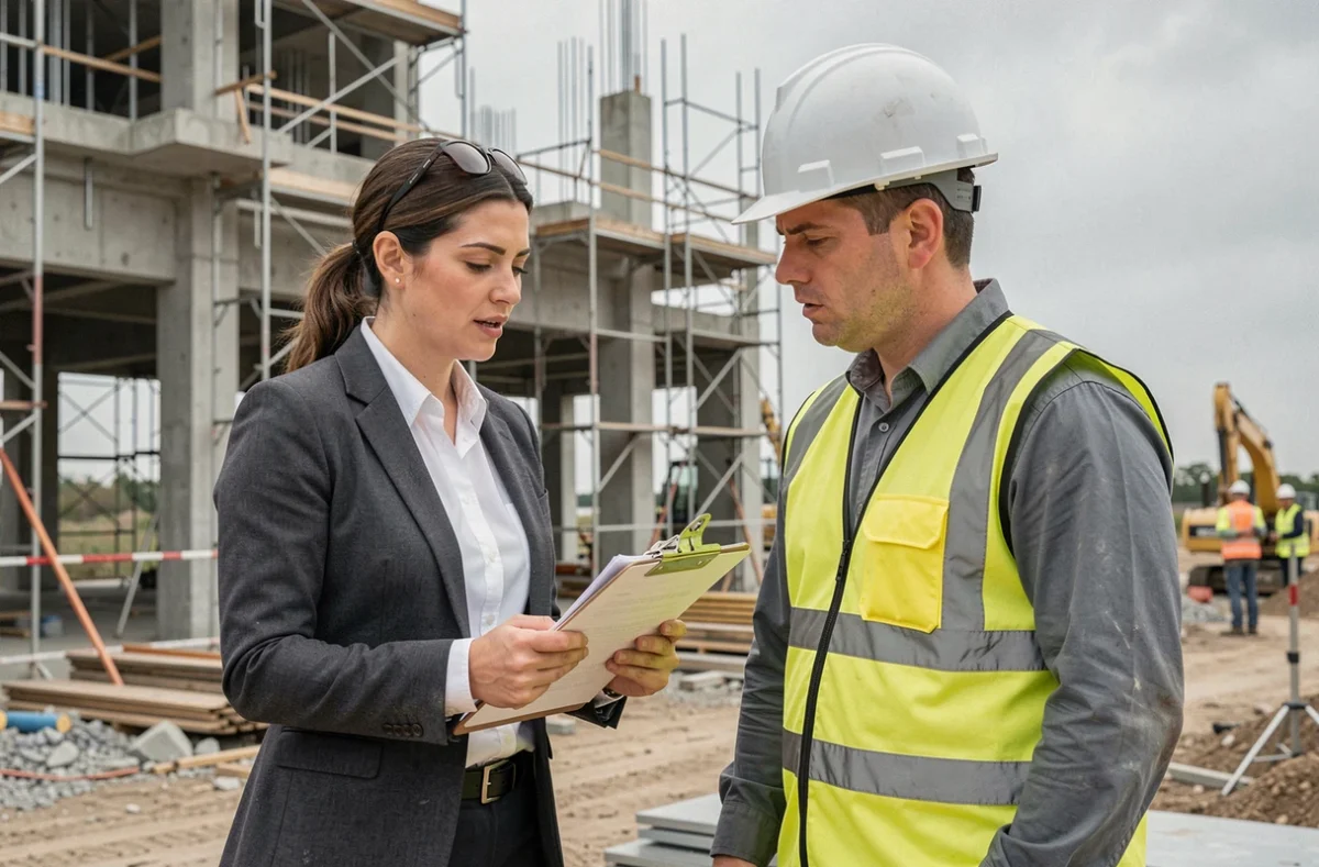 Cheffe d'entreprise du bâtiment sur un chantier de construction discutant de documents professionnels avec un chef de chantier