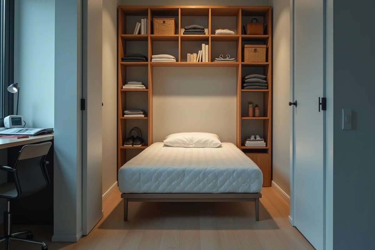 Coin nuit symbolique derrière de simples étagères sans vraie cloison dans un petit studio
