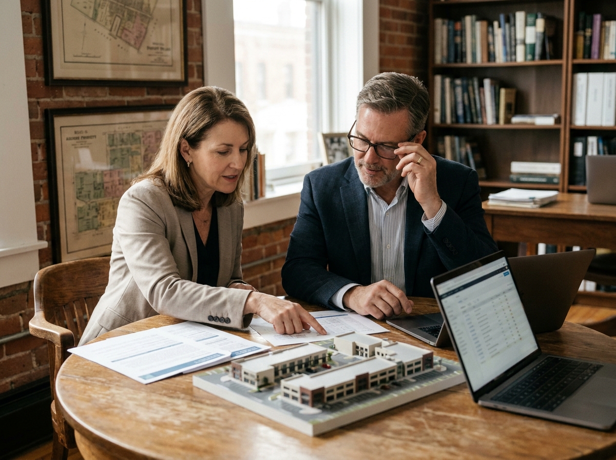 Deux experts en valorisation immobilière collaborant autour de rapports d'évaluation et d'une maquette d'actifs professionnels dans une agence spécialisée