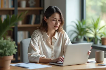 Femme comparant des annonces immobilières sur un site comme 123loger depuis son appartement