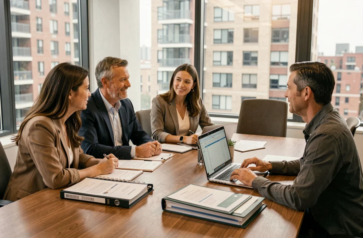 Membres d'un conseil syndical de copropriété réunis autour d'une table avec des documents et un ordinateur portable lors d'une réunion de gestion
