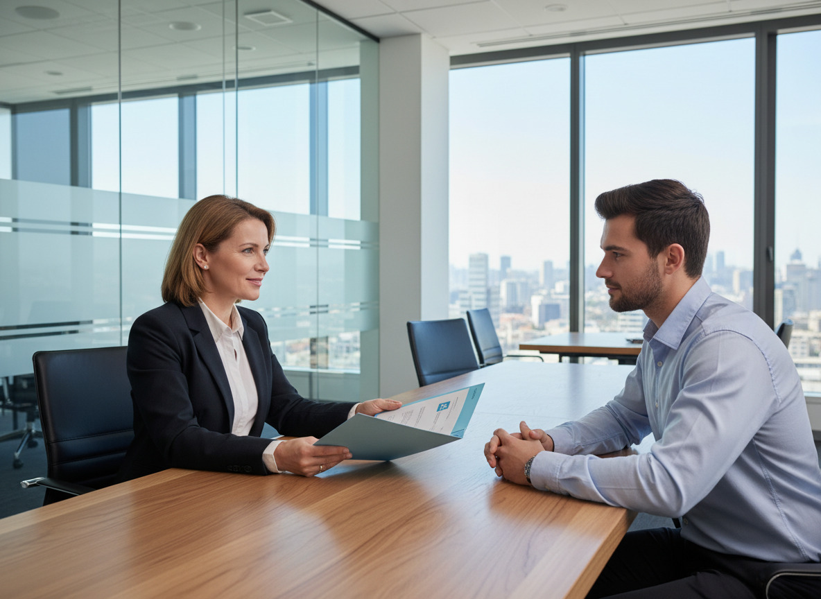 Conseillère bancaire remettant un dossier à un client jeune
