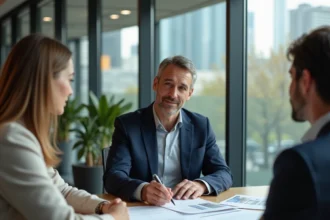 Conseiller immobilier présentant une opportunité d'investissement Pinel à un couple dans une agence moderne
