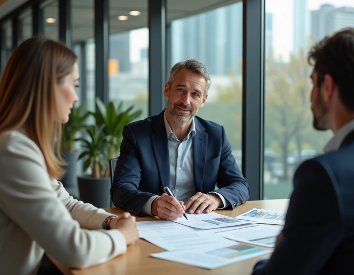 Conseiller immobilier présentant une opportunité d'investissement Pinel à un couple dans une agence moderne