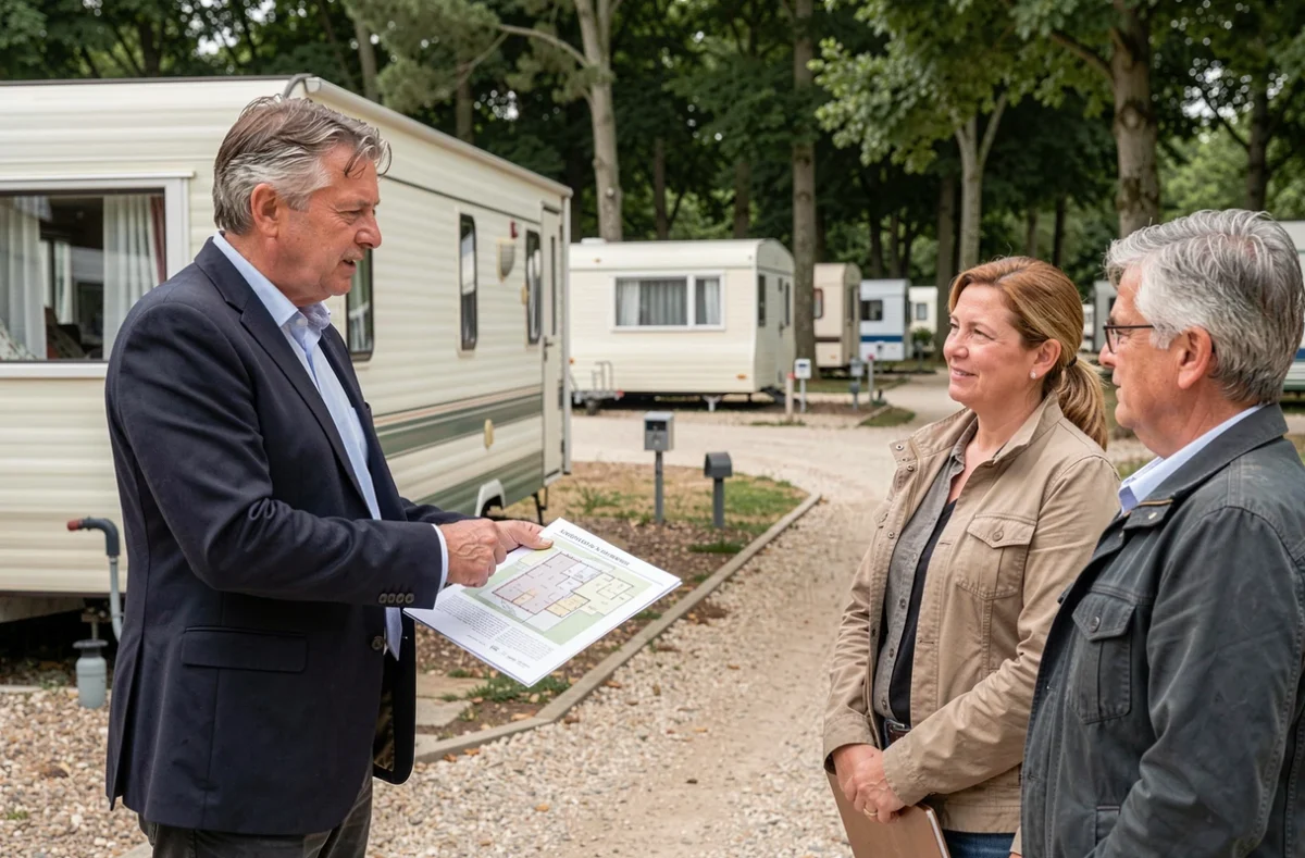 Conseiller juridique expliquant la loi ALUR à des propriétaires de mobil-home sur un terrain de camping résidentiel