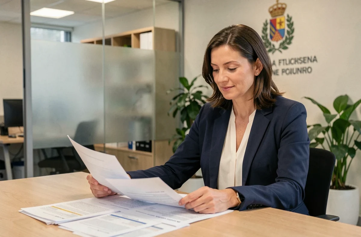 Conseillère en logement social assise à son bureau dans une agence habitat à Levallois, examinant des documents de demande de logement