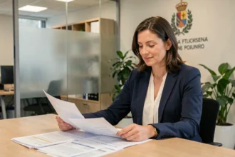 Conseillère en logement social assise à son bureau dans une agence habitat à Levallois, examinant des documents de demande de logement
