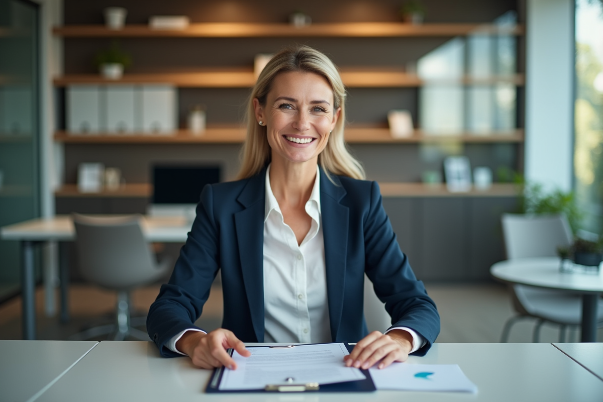 Conseillère en prêt immobilier souriante dans un bureau moderne