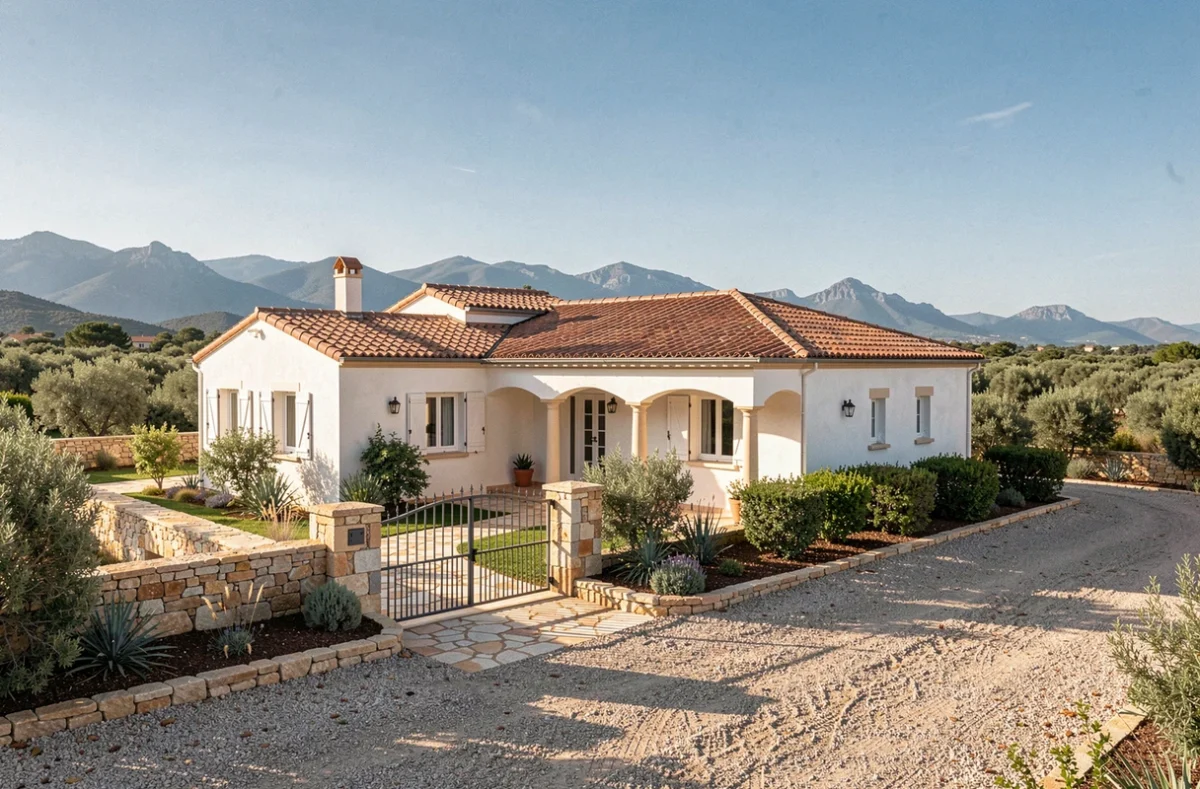 Maison individuelle neuve dans les Pyrénées-Orientales avec façade blanche et toiture en tuiles, entourée de végétation méditerranéenne et de montagnes en arrière-plan