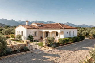 Maison individuelle neuve dans les Pyrénées-Orientales avec façade blanche et toiture en tuiles, entourée de végétation méditerranéenne et de montagnes en arrière-plan