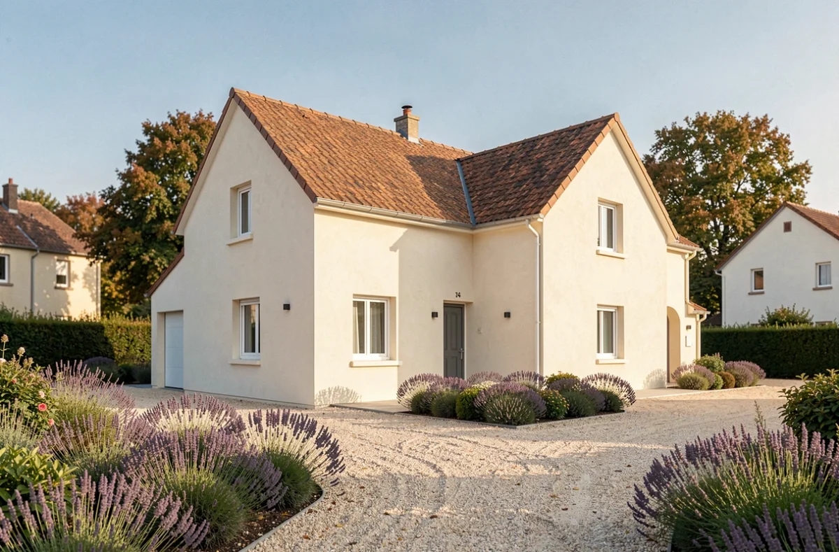 Maison individuelle moderne dans la Vienne avec façade en crépi clair et toiture en tuiles