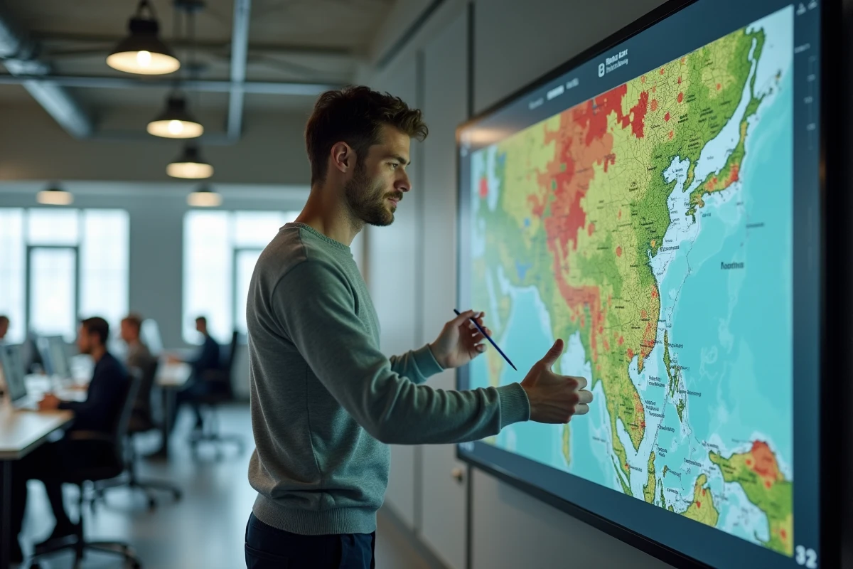 Consultant en urbanisme présentant une carte des zones de risques ERP sur un écran numérique dans un bureau municipal