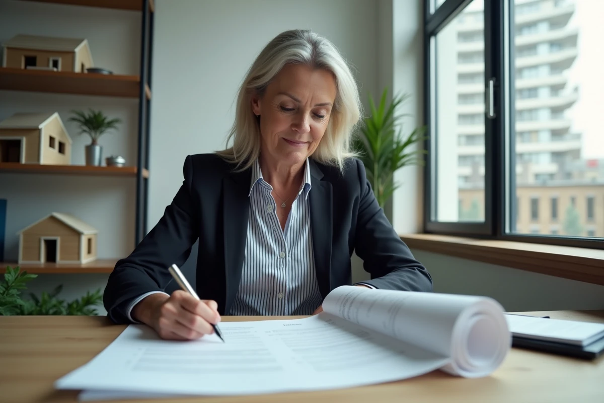Femme consultant un contrat immobilier dans un bureau de promoteur avec maquette de logements neufs