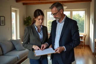 Homme et femme examinent un contrat de location dans un salon chaleureux