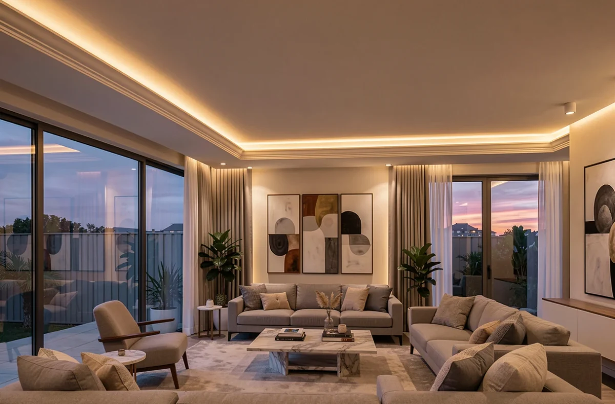 Corniche blanche avec éclairage LED indirect dans un salon moderne