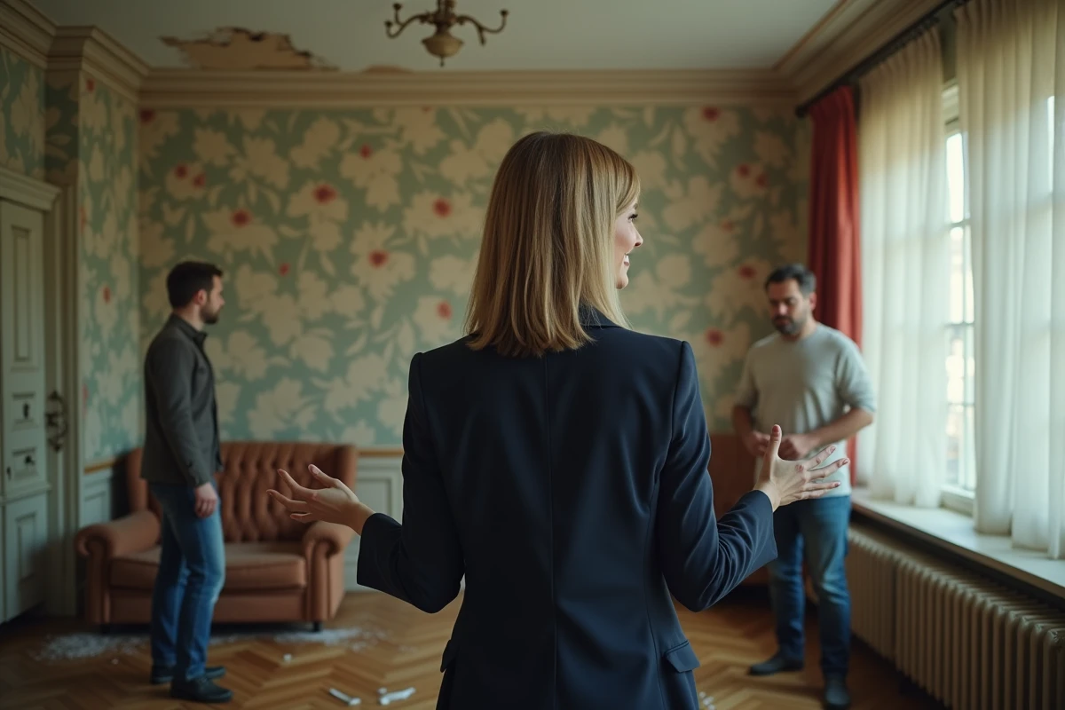 Agent immobilier enthousiaste présentant un appartement dégradé à un couple sceptique