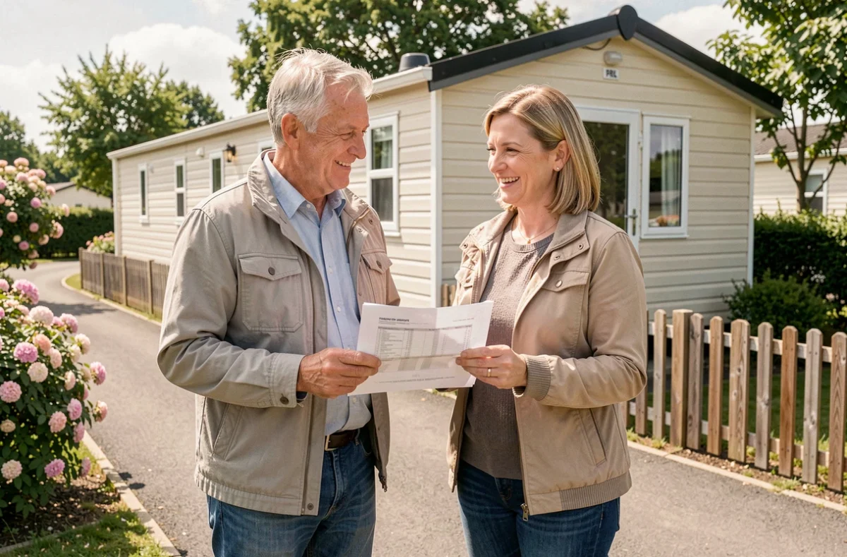 Couple visitant un chalet à vendre dans un parc résidentiel de loisirs sans frais d'agence