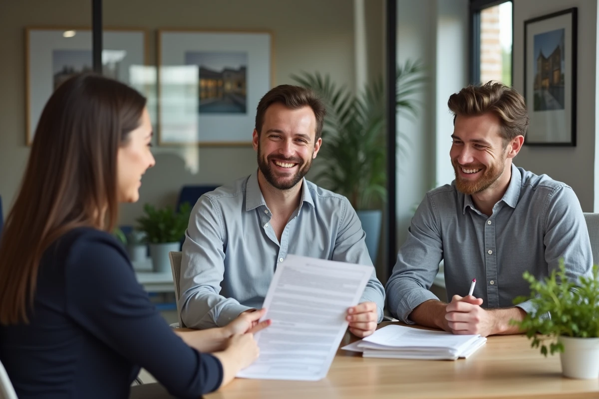 Couple en rendez-vous avec un agent immobilier pour optimiser leur dossier de location et augmenter leurs chances d'attribution