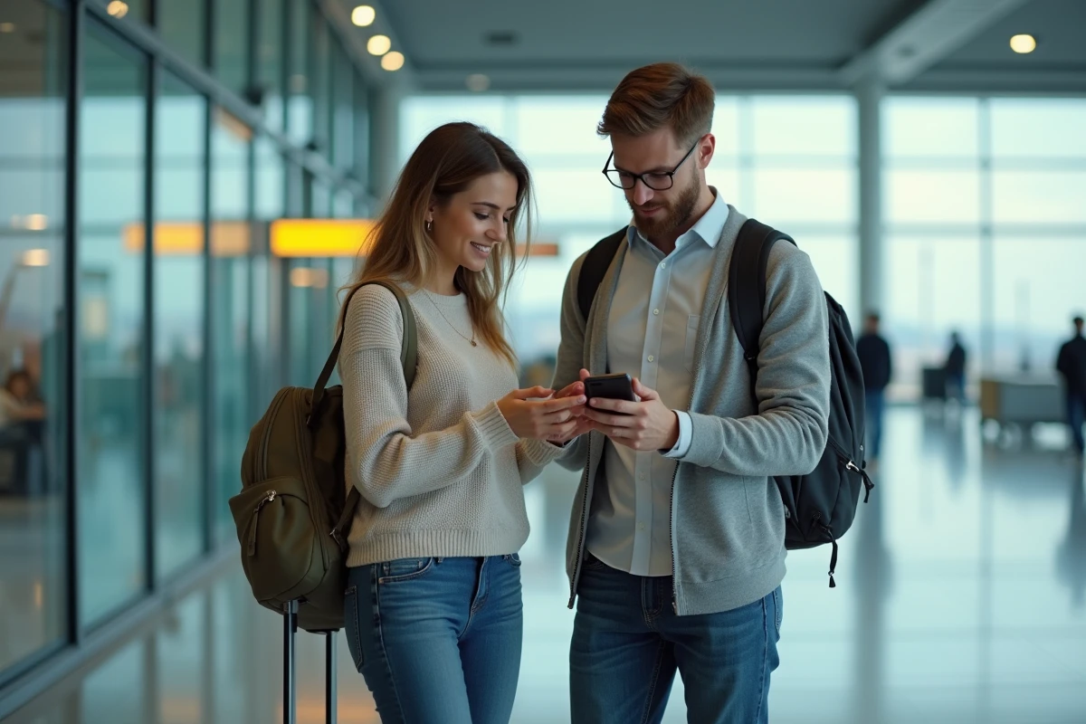 Couple consultant une application de location de voiture sur smartphone à l'aéroport, loc service fr en mobilité
