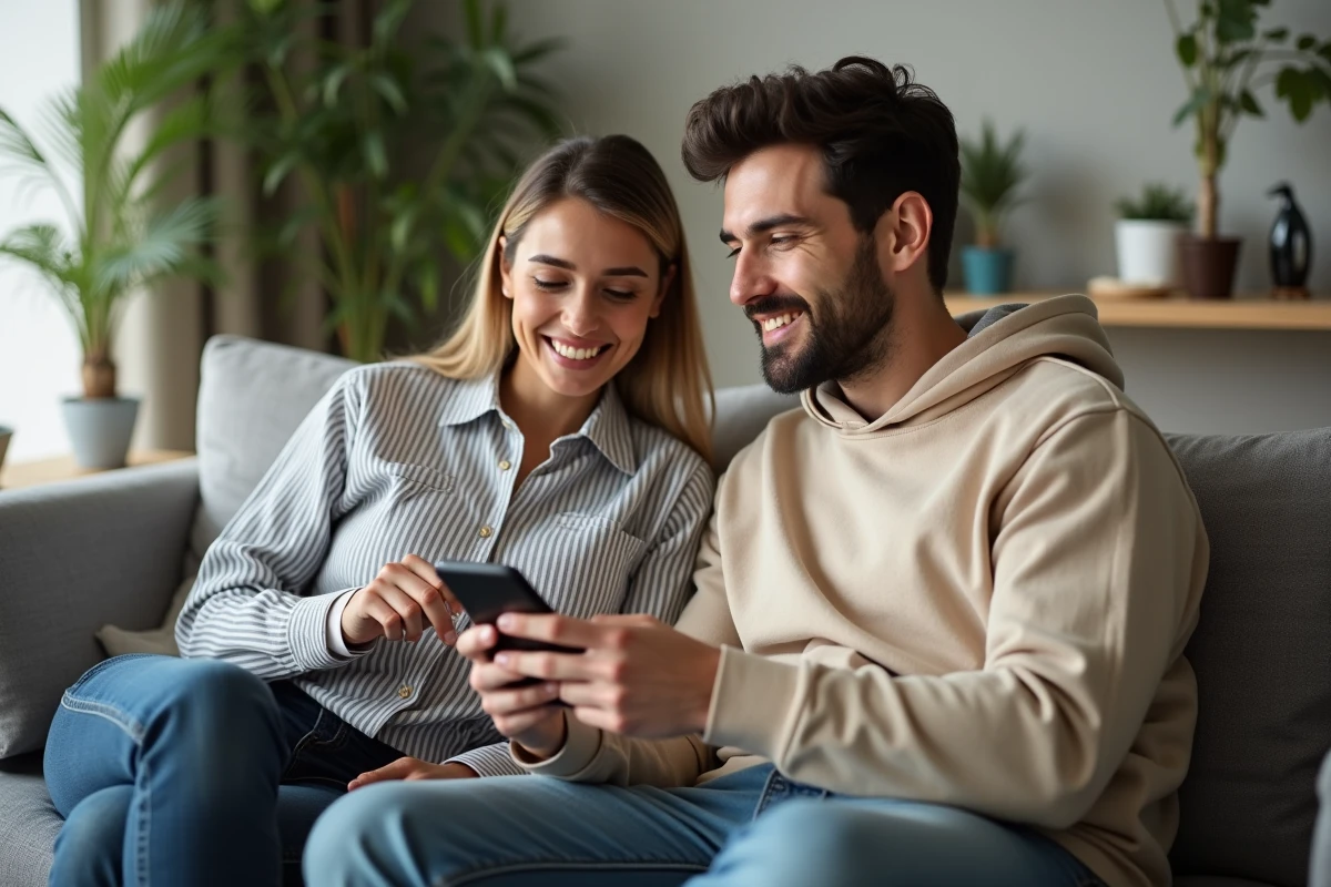 Couple utilisant l'application MyFoncia ensemble sur canapé dans un salon moderne