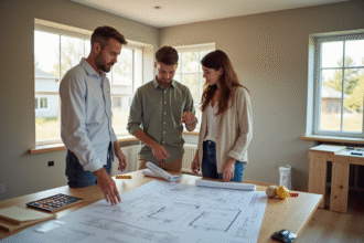 Couple avec architect dans un salon lumineux en rénovation