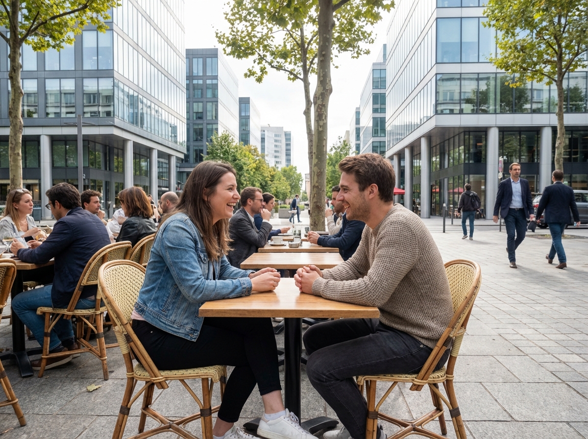 Couple détendu à un café à Neuilly-sur-Seine