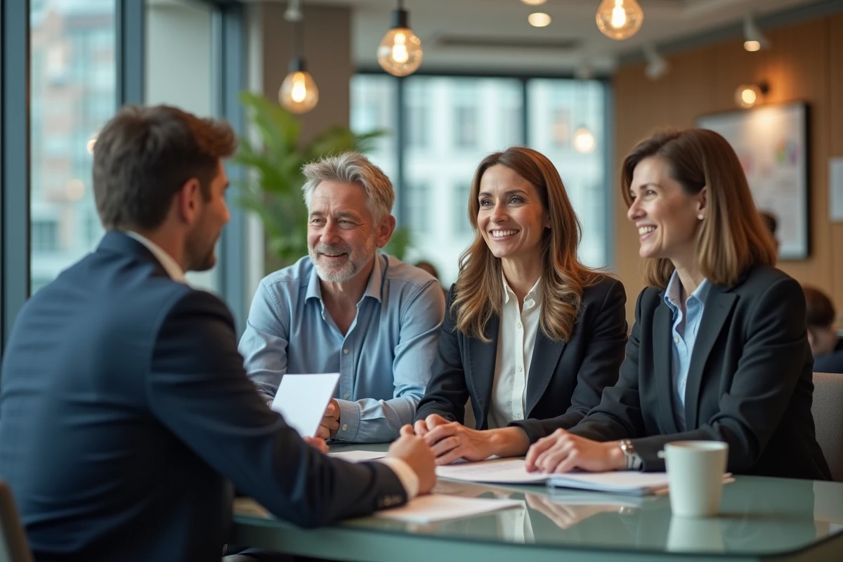 Couple d age moyen consulte un conseiller bancaire dans une agence moderne