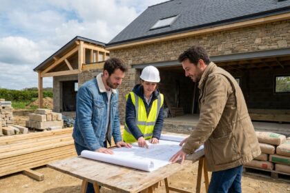 Couple en discussion avec une chef de projet devant une maison en construction