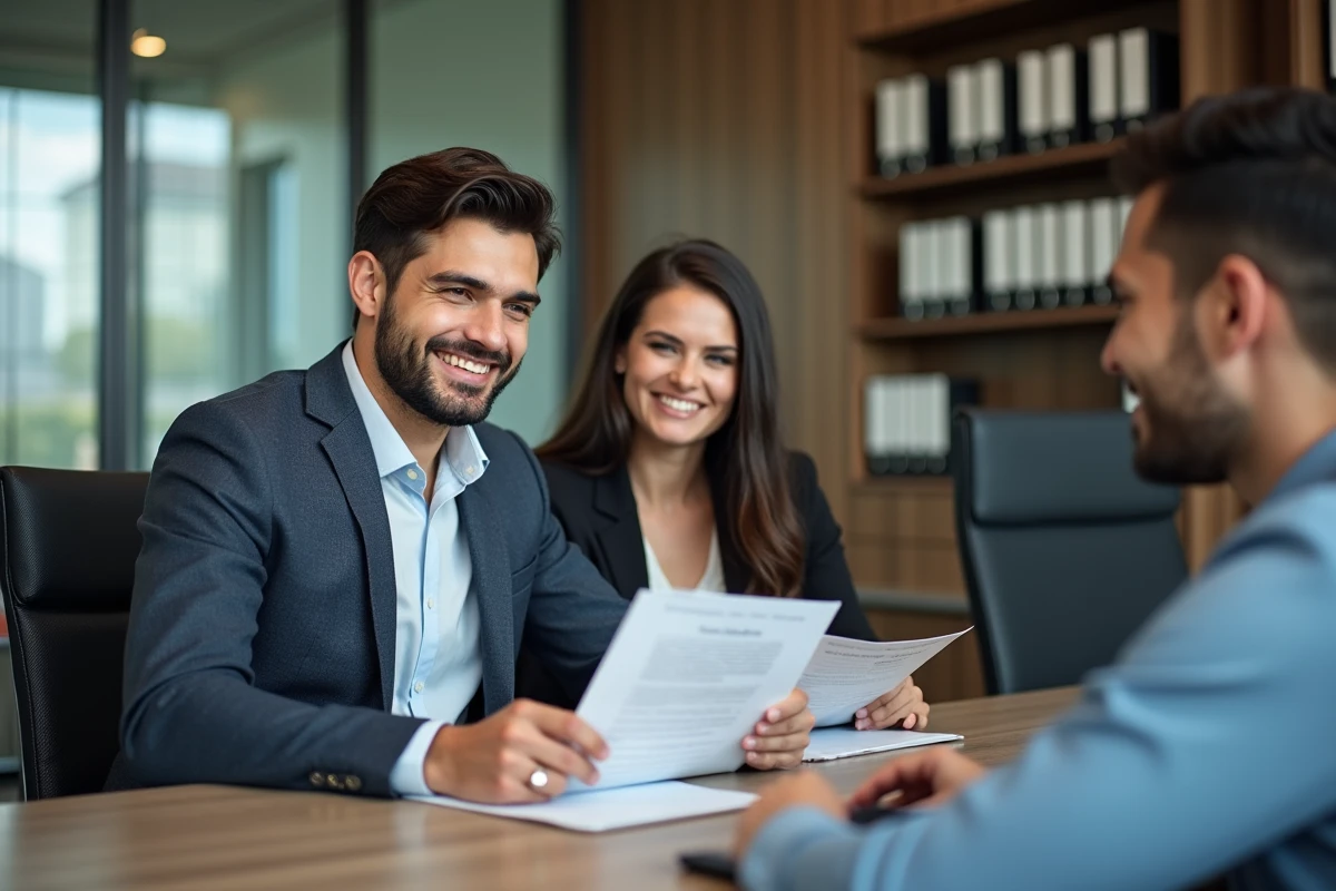 Couple souriant examinant des documents de prêt immobilier en bureau