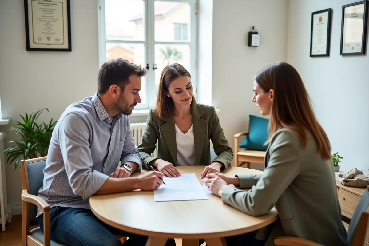 Couple consultant un document ERP avec un agent immobilier dans une salle d'attente notariale