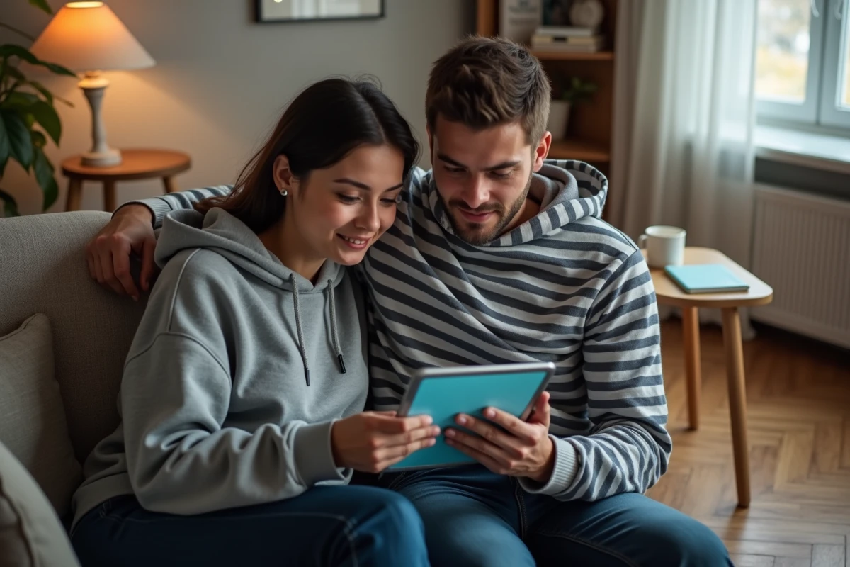 Couple consultant le système de points et délais de la plateforme AL'in sur une tablette dans leur appartement