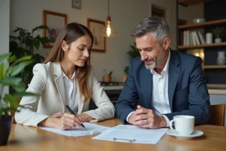 Couple d'adultes en business à une table de cuisine