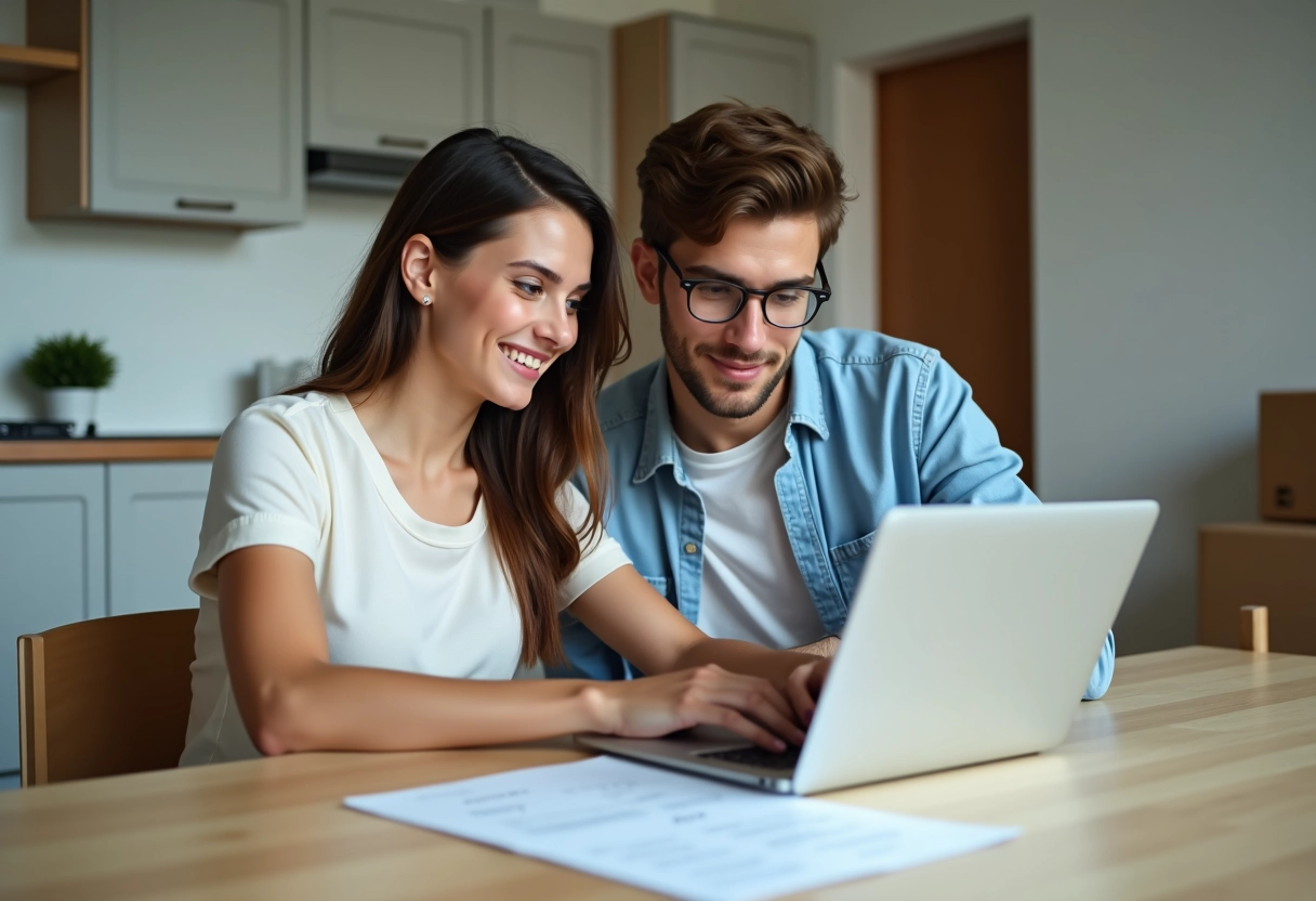 Jeune couple examinant une checklist sur un ordinateur portable