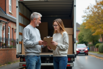 Couple de déménageurs discutant à côté d'un camion dans la rue