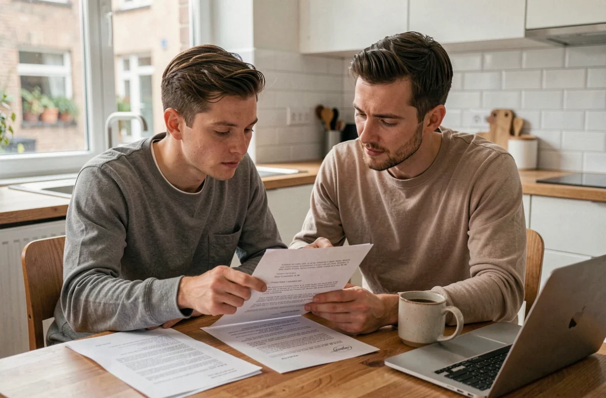 Couple préparant ensemble une lettre de motivation pour une location d'appartement dans une cuisine moderne