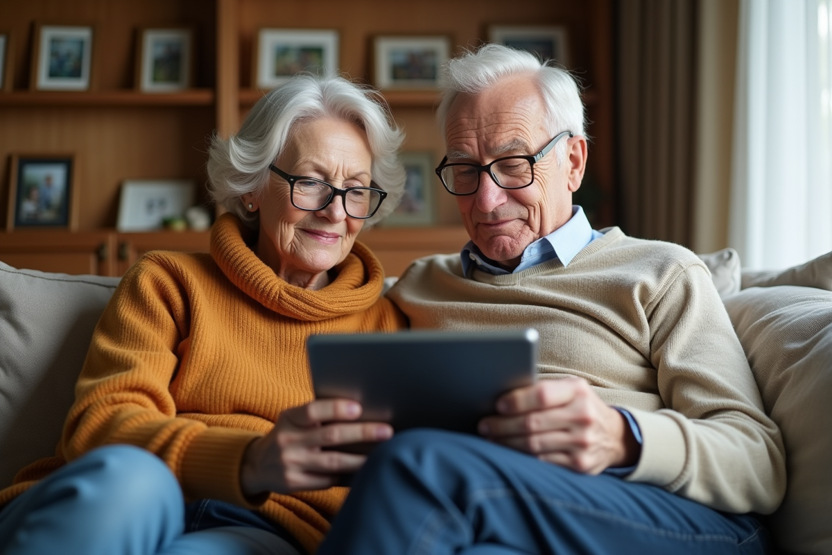 Couple âgé consultant une demande de prêt immobilier sur une tablette