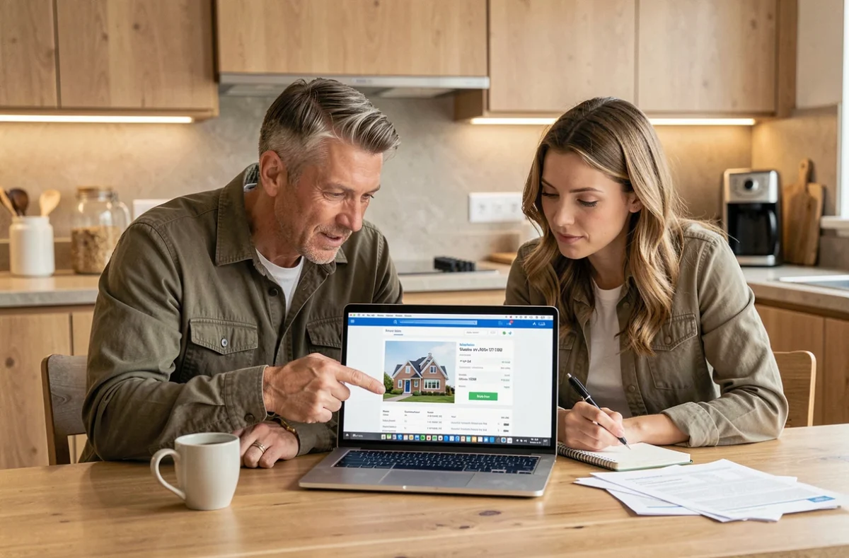 Couple étudiant ensemble une estimation de valeur immobilière en ligne avant de fixer le prix de vente de leur maison