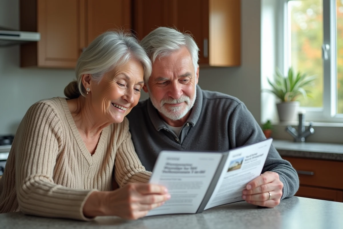Couple consultant des témoignages en ligne et une brochure pour évaluer la fiabilité d'un investissement immobilier