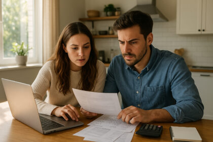Jeune couple examinant des documents financiers à la maison