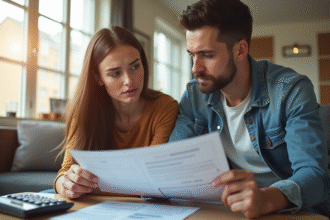 Jeune couple dans un salon moderne examine des documents financiers