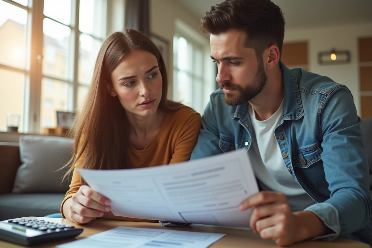 Jeune couple dans un salon moderne examine des documents financiers