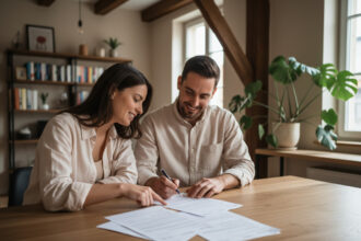 Couple souriant examinant des documents de prêt immobilier