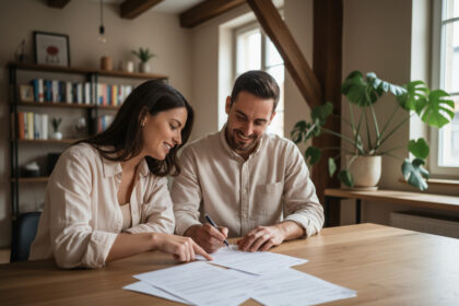 Couple souriant examinant des documents de prêt immobilier