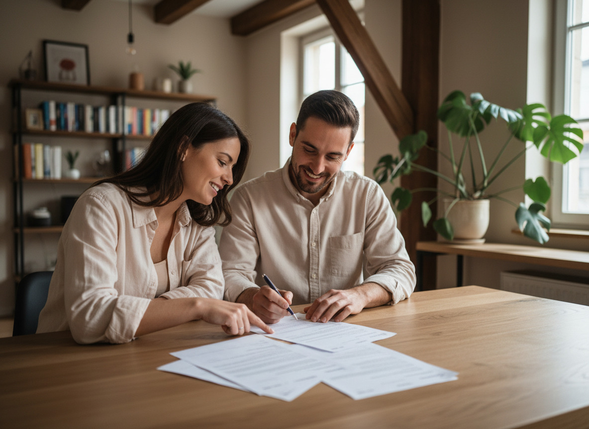 Couple souriant examinant des documents de prêt immobilier