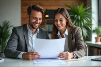 Couple souriant en réunion immobiliere dans un bureau moderne