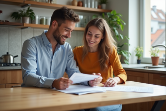 Couple souriant dans une cuisine parisienne lumineuse