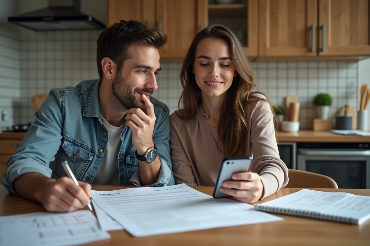 Couple planifiant leur emménagement en consultant des documents de demande de logement social et un calendrier