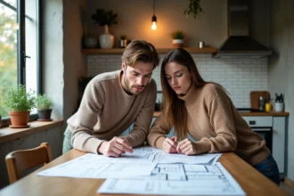 Couple de jeunes professionnels examinant des plans d'appartement T2 pour optimiser leur budget immobilier en 2026
